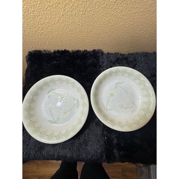 Block Loves Me by Deb Mores Set of 2 Soup Bowls Daisies Green Diamonds 8 1/2" - Picture 1 of 7